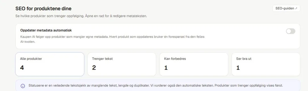 Statuskortene i Søkemotor viser hvor mange produkter som trenger tekst, kan forbedres eller ser bra ut