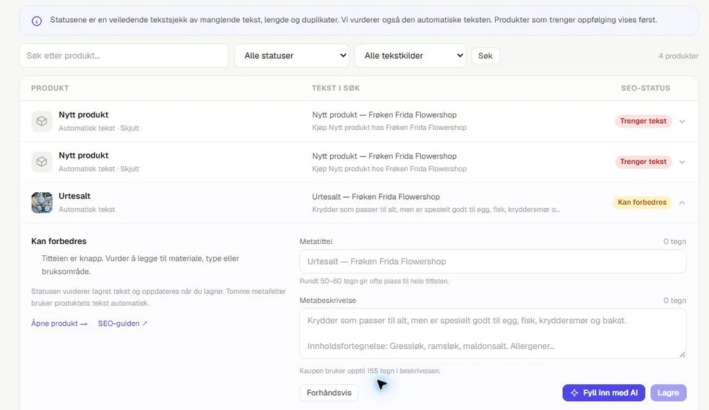 Et produkt er åpnet i Søkemotor med felt for metatittel og metabeskrivelse og knappen Fyll inn med AI