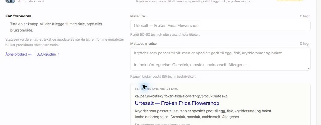 Feltene for metatittel og metabeskrivelse med en forhåndsvisning av søkeresultatet